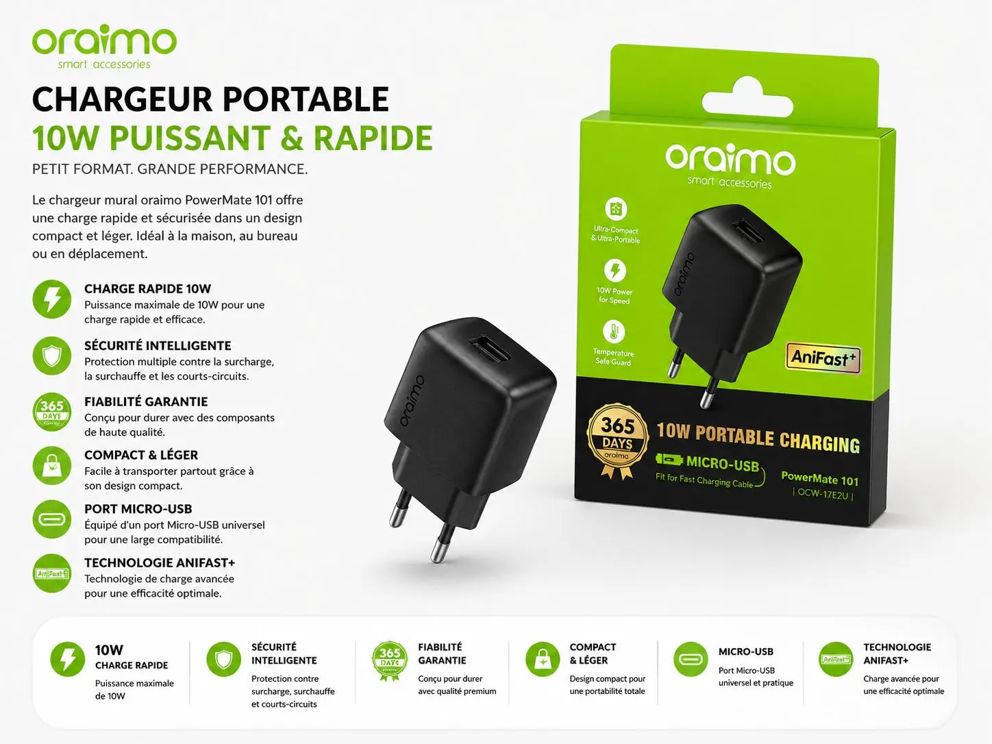 oraimo smart accessories CHARGEUR PORTABLE 10W PUISSANT & RAPIDE