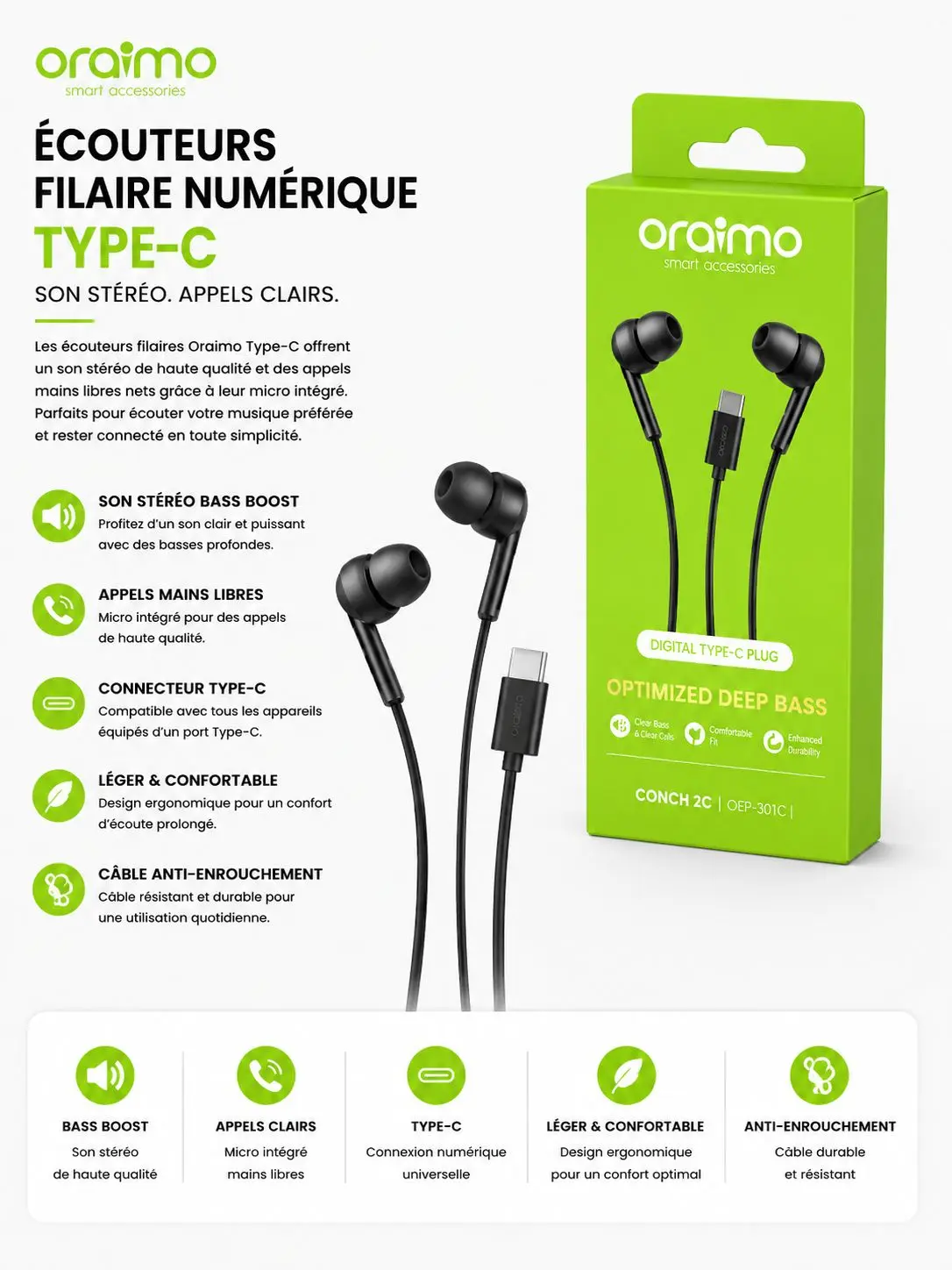 oramo smart accessories ÉCOUTEURS FILAIRE NUMÉRIQUE TYPE-C